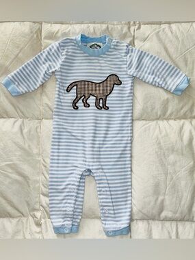Cecil and Lou blue striped romper with brown checkered dog applique sz 3 months